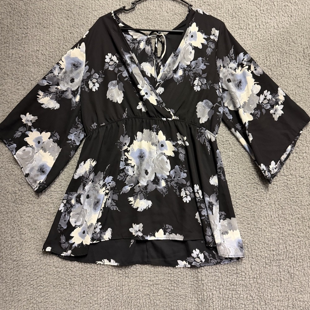 Torrid Size 1 Plus Black Floral Chiffon Faux Wrap Tie Back Peplum Blouse Top